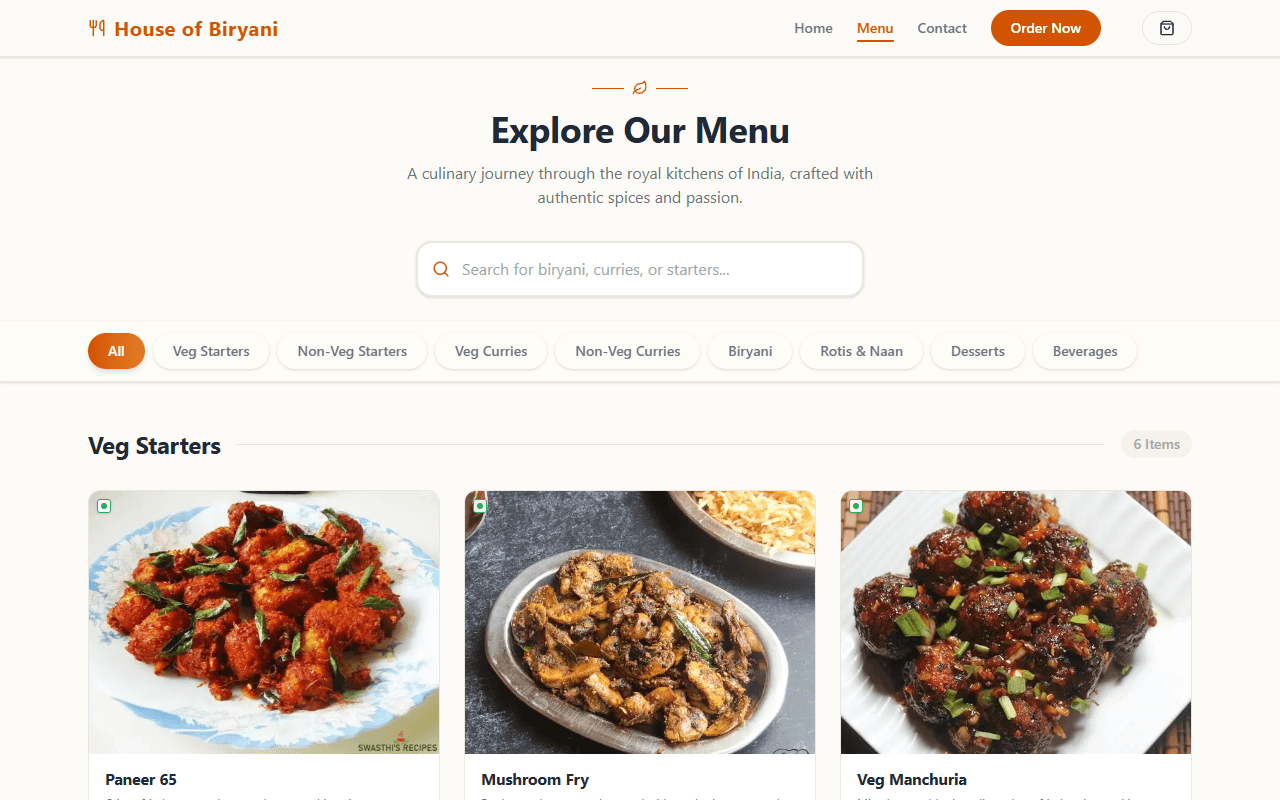 House of Biryani Desktop View